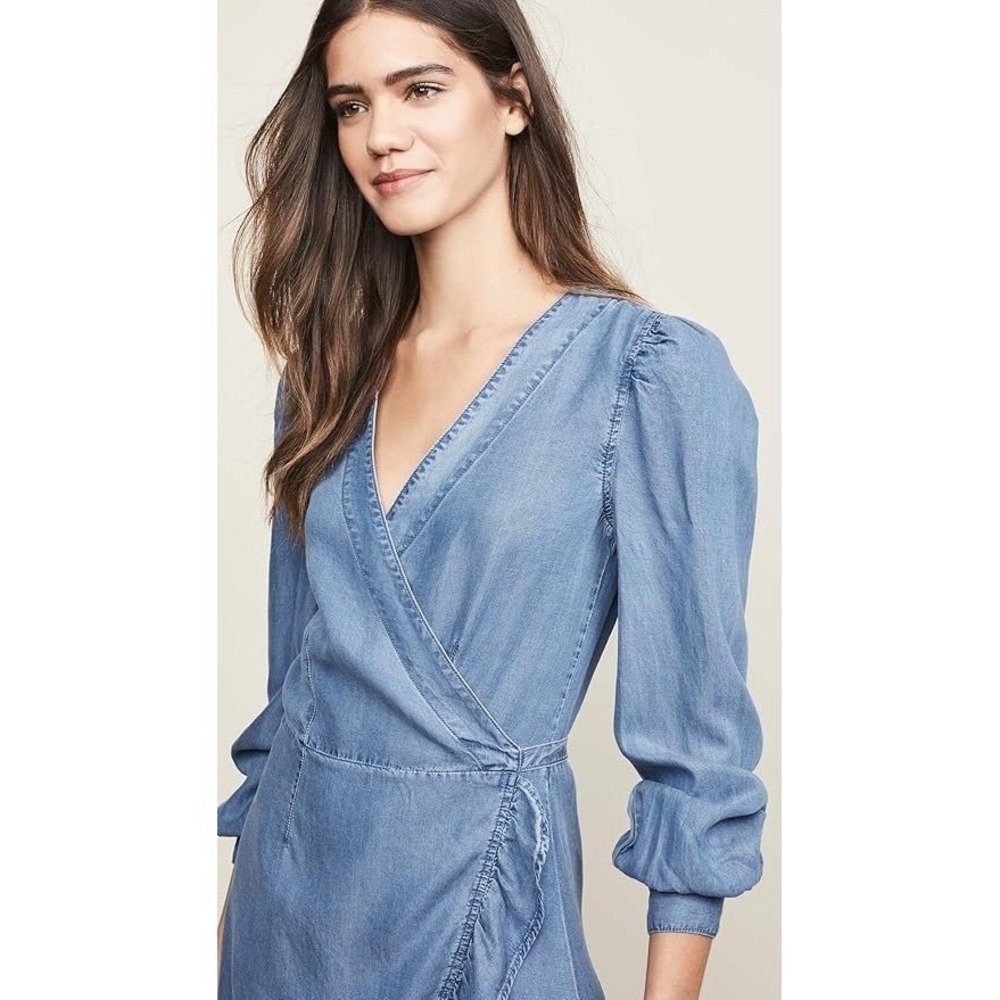 Paige Kendry Denim Wrap Ruffle Dress Juno Chambray Western Boho Womens M Blue - Picture 2 of 16